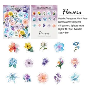Detailed catalog of 15 watercolor floral washi stickers for scrapbooking and DIY crafts