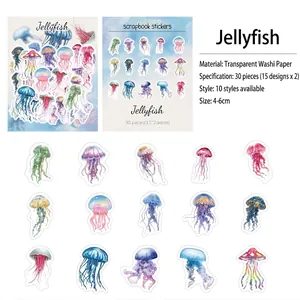 Macro detail of 30pcs jellyfish washi stickers showing translucent watercolor designs