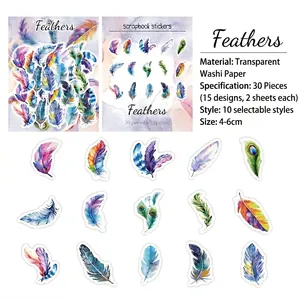 Detail showing 30 pieces of watercolor feather washi stickers for scrapbooking and DIY