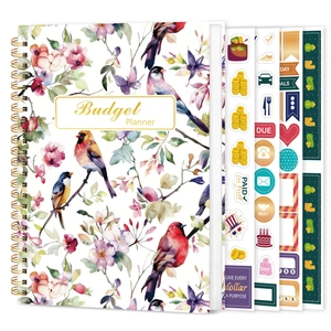 Détail du planificateur de budget floral avec reliure spirale et ses autocollants