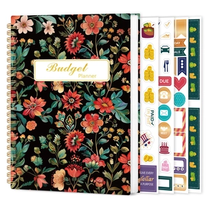 Détail du planificateur de budget floral avec reliure spirale et planches de stickers