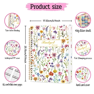 Planificateur de budget floral avec spirale, dorure, 156 pages et 4 autocollants