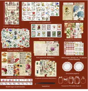 Detailed close-up of vintage floral scrapbook kit with stickers, tapes and A6 notebook