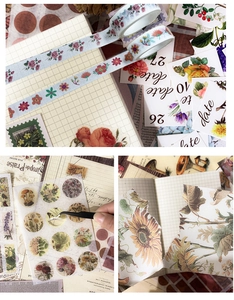 Close-up of vintage floral scrapbooking stickers and washi tape for DIY aesthetic planners