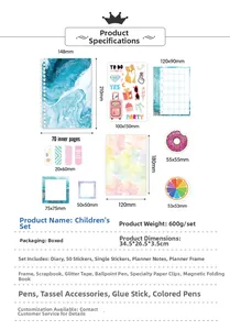 Detailed view of kids DIY journal set components with 70-page notebook and stickers