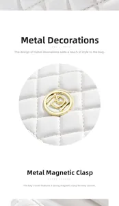 Detail of white quilted leather bag with gold logo and magnetic closure buckle