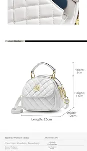 Detailed dimensions of white quilted PU leather crossbody bag with golden hardware