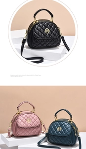 Detail view of quilted leather handbags in black, pink and navy with gold metal logo