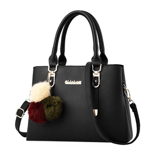 Elegant Women PU Leather Handbag Litchi Grain Large Capacity Multi Pockets Shoulder Bag With Fur Ball Pendant Fashion