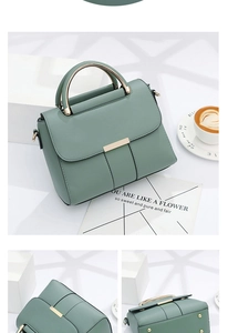Detailed views of light green PU leather handbag featuring gold clasp and metallic handle
