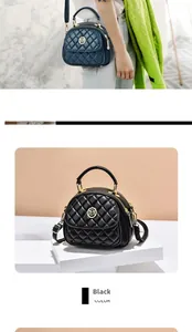 Close-up of quilted rhombic pattern and circular metal logo on fashion chain crossbody bag