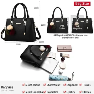 Large capacity black lychee grain tote bag for women showing dimensions and storage capacity
