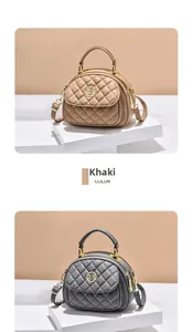 Detailed close-up of quilted khaki and grey chain crossbody bags with gold logo hardware
