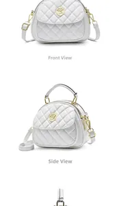 Detailed views of a white quilted crossbody bag with gold hardware and chain strap