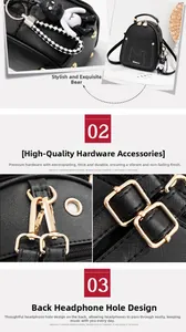 Detail of black cross-grain leather mini backpack with golden zipper and earphone port