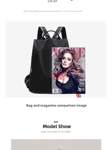 Schwarzer Nylon-Rucksack im Größenvergleich zum VOGUE-Magazin, Höhe beträgt 34CM
