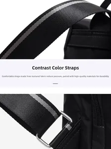 Details des Nylon-Rucksacks mit gestreiften Kontrastgurten und Metallschnallen
