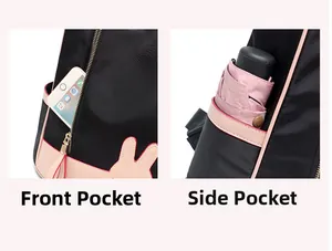 Detail of oxford fabric backpack showing front zipper pocket and side umbrella holder