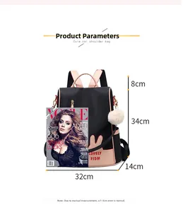 Detailed size parameter view of black Oxford backpack showing 34cm height and 32cm width