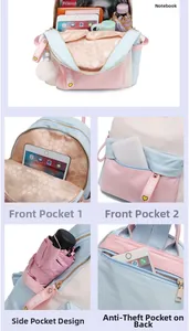 Detail view of pink and blue canvas backpack with multi-functional pockets and storage capacity