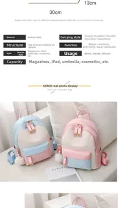 Detail view of waterproof Oxford backpack showing 30cm width and 13cm thickness specs