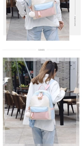 Detail of macaron-colored backpack with plush pendant showing shoulder and dual-strap usage