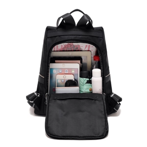 Schwarzer Nylon-Diebstahlschutz-Rucksack für Damen mit großem Fassungsvermögen und Zubehör