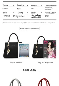 Comparaison de taille du sac à main en cuir PU noir avec un iPad mini et un magazine