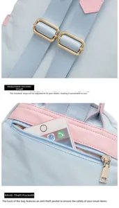 Detail of adjustable straps and rear anti-theft zipper pocket on two-tone nylon backpack