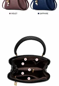 Détail de l'intérieur du sac avec six poches fonctionnelles et cuir grainé de litchi