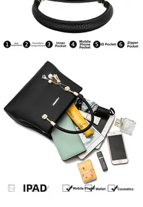 Vue intérieure du sac à main en cuir noir avec 6 compartiments pour tablette et cosmétiques