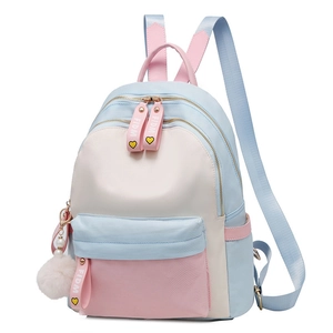 Women Fashion Patchwork Oxford Cloth Backpack Casual Preppy Style School Bag With Plush Pom Pom Pendant Multi Pocket Travel Rucksack