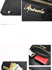 Detail view of the black textured leather backpack showing multiple zipper pockets and storage