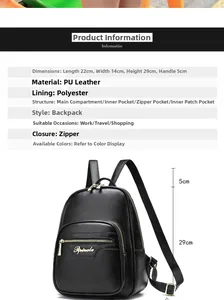 Detailed dimensions of the black soft PU leather backpack with lychee grain texture