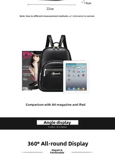 Detailed size guide for black PU leather backpack showing 22cm width and 14cm thickness