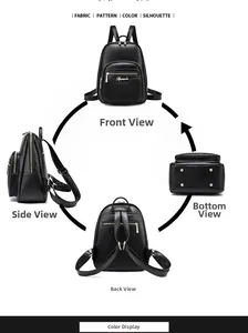 Multi-angle view of black faux leather backpack with gold zippers and pockets