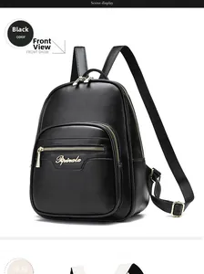 Close-up of black PU leather backpack with gold metal logo and front zipper detail