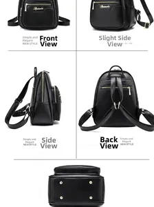 Detailed multi-angle views of black leather backpack with gold zippers and anti-theft pocket