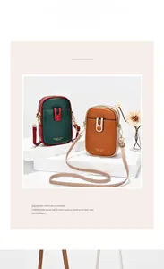 Vertical mini phone crossbody bags in green and brown with decorative buckle details