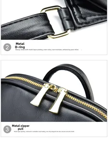 Detail of gold-plated D-ring and dual zipper hardware on textured black leather backpack