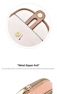 Close-up of gold zipper and magnetic buckle on pink and white crossbody phone bag