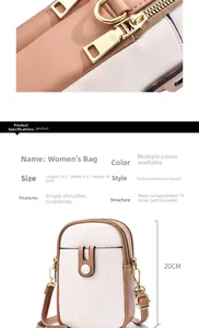Detailed view of women's mini crossbody phone bag showing dimensions 12.5x6.5x20cm and pockets