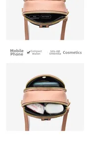Internal capacity of the pink mini crossbody bag with three zipper compartments