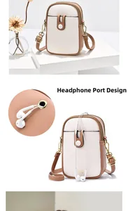 Detail view of mini crossbody phone bag showing functional earphone hole design