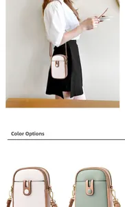 Detail view of mini crossbody phone bags in cream-brown and light green-pink colorways