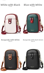 Detail view of four mini crossbody phone bags in various synthetic leather color combinations