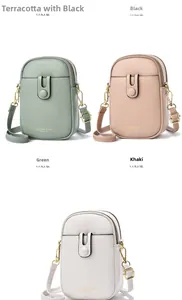 Detailed view of vertical PU leather mini crossbody phone bags in green, pink and white