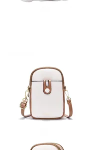 Front view of white and brown PU leather mini crossbody bag with gold magnetic buckle