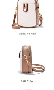 Slight side view of a two-tone mini crossbody phone bag with dual zipper compartments