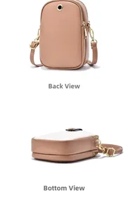 Detail view of the back and bottom of a two-tone crossbody mini phone bag